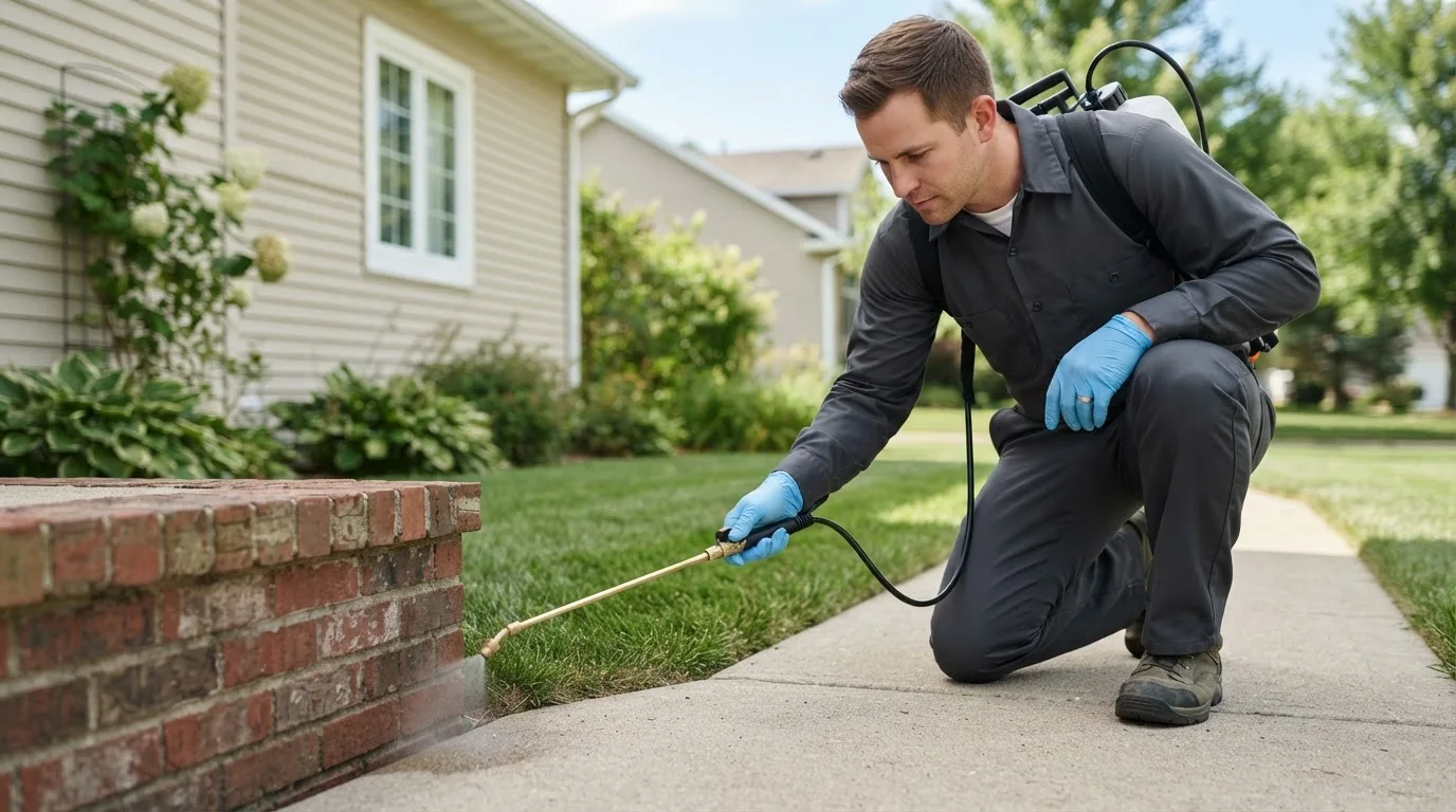 Pest control technician treating a home near Petersburg, ND