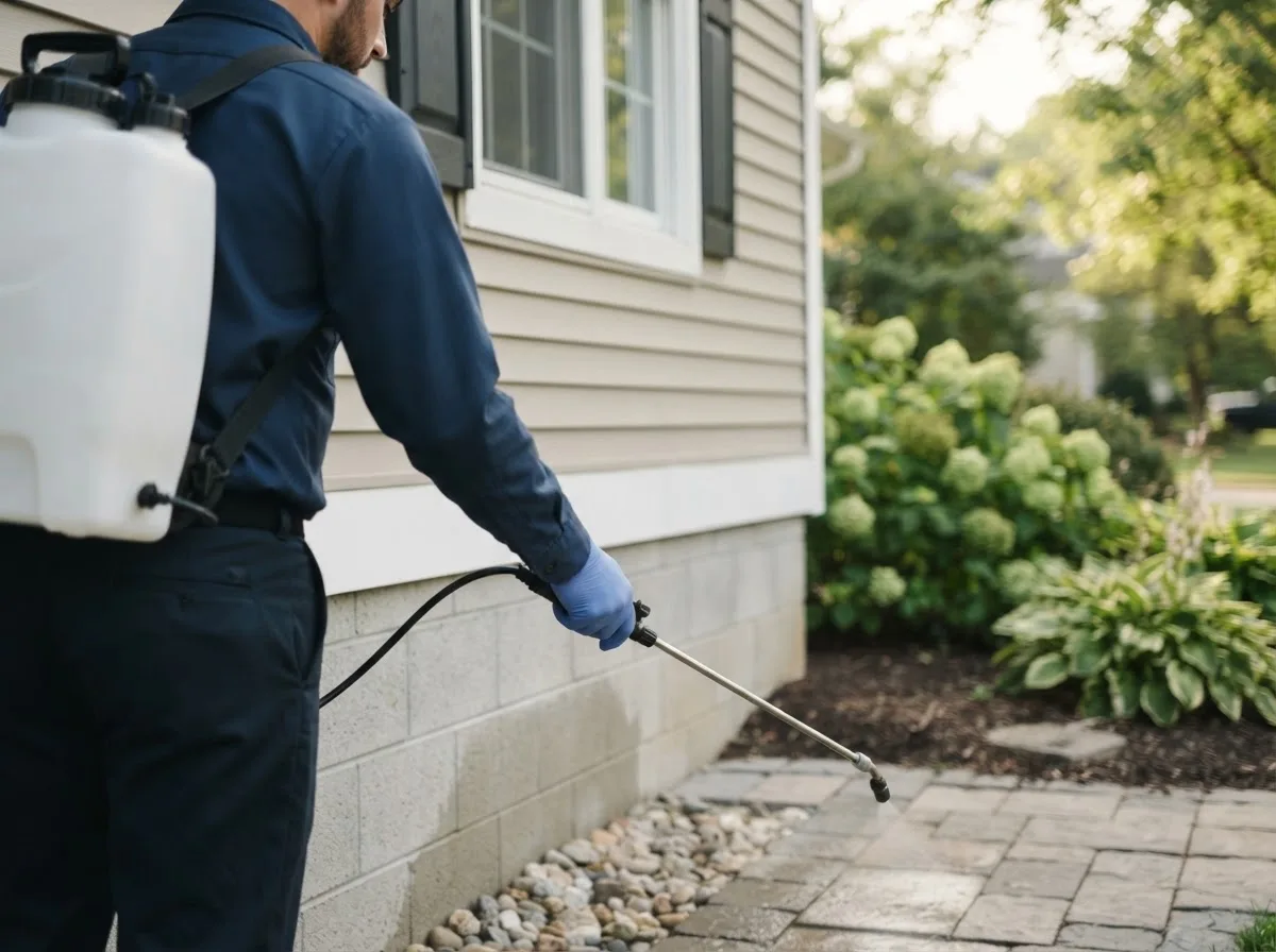 Pest control technician inspecting a home in Petersburg, ND